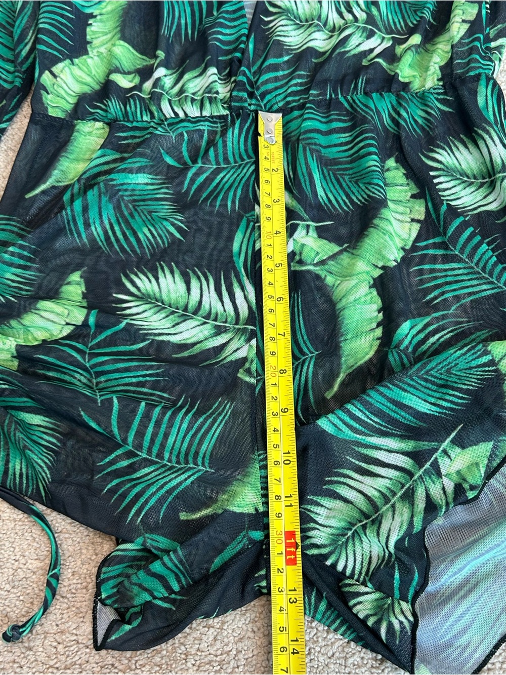 Tropical Palm Leaf Sheer deep plunge Romper Cover-Up Long Sleeve Black Green M - Picture 12 of 16